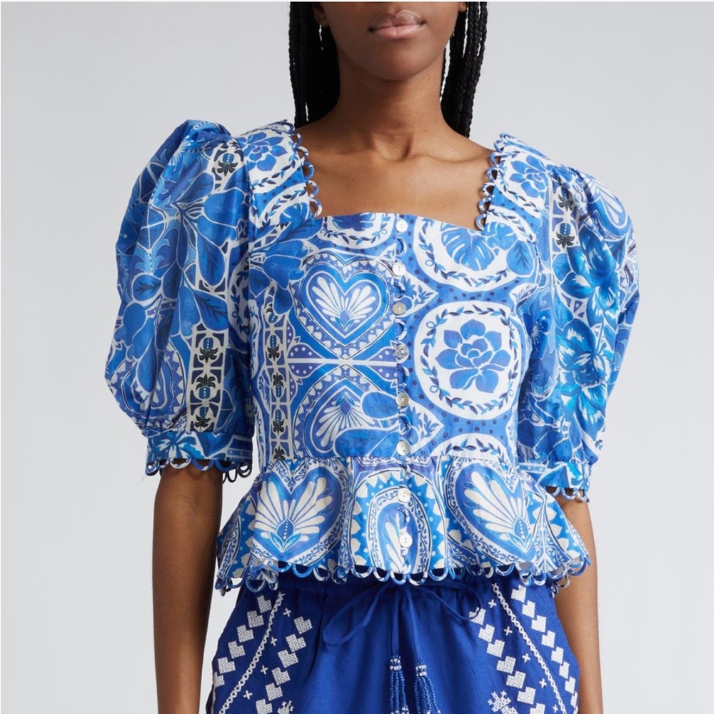 FARM Rio Tile Dream Cotton Puff Sleeve Peplum Top